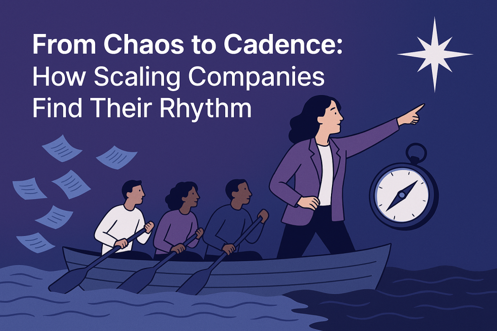 A synchronized rowing team glides across calm water, symbolizing leadership alignment, rhythm, and collective focus moving from chaos to cadence.