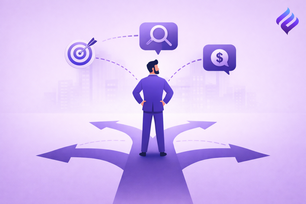 Founder commercial engine at a leadership decision crossroads, representing AI-enabled judgment and execution