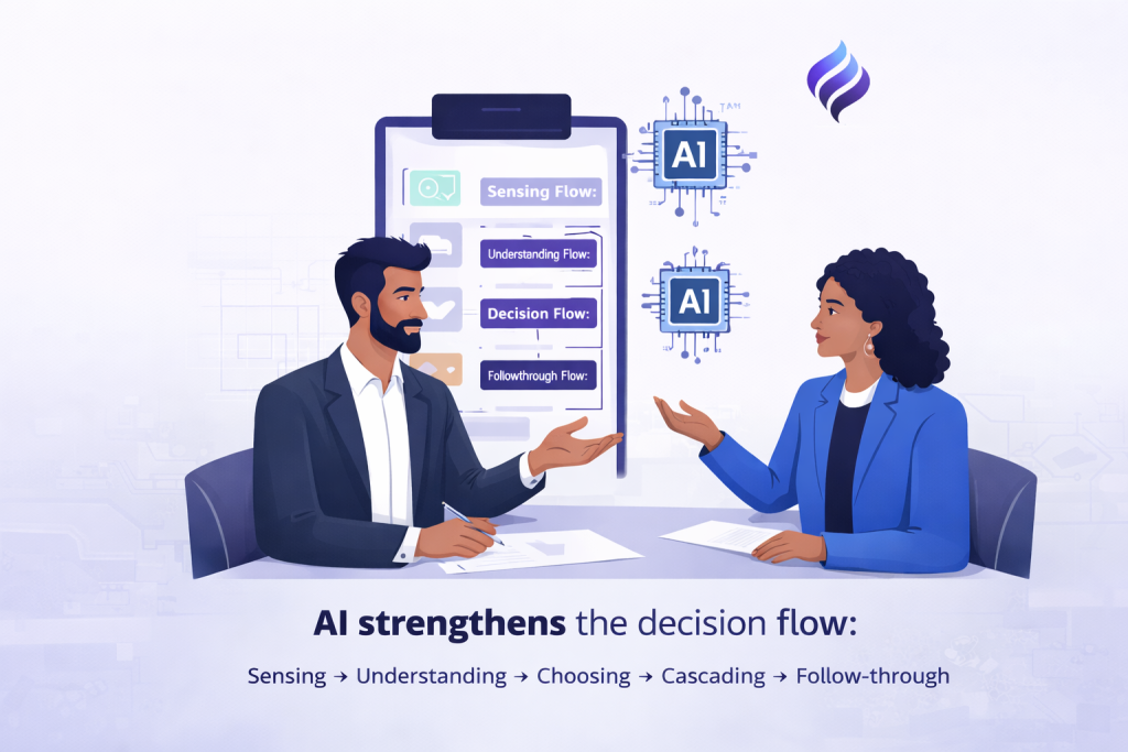 Leaders reviewing an AI-supported decision flow, showing how shared context improves decision clarity and execution.