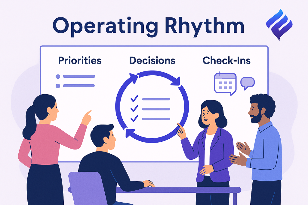 a leadership team reviewing an “Operating Rhythm” plan with priorities, decision flow, and check-ins