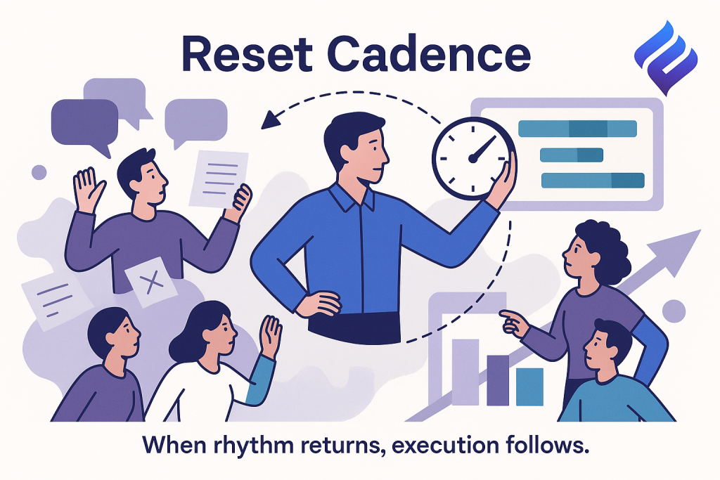 Reset Cadence” showing a leader aligning a team on recurring rhythm and execution