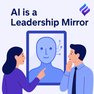 AI is a Leadership Mirror” — a founder and advisor review an AI-generated face on a screen, using AI to reflect leadership clarity and alignment.