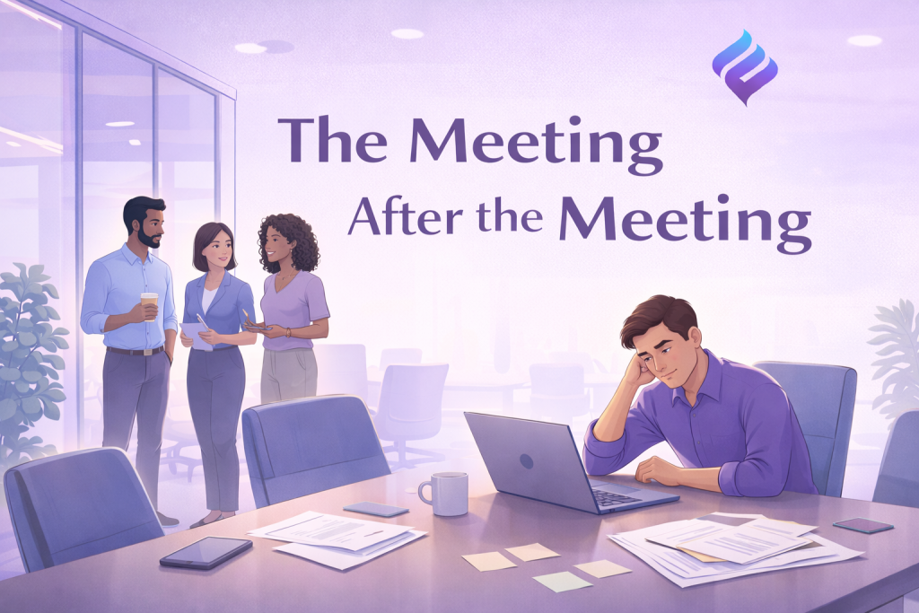 Founder meeting room scene illustrating decision fatigue and the “meeting after the meeting” problem